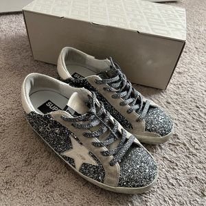 Golden goose superstar leather and glitter sneakers